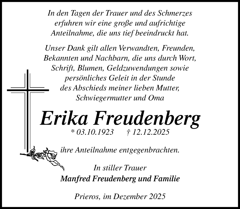  Traueranzeige für Erika Freudenberg vom 03.01.2026 aus Märkischen Allgemeine Zeitung