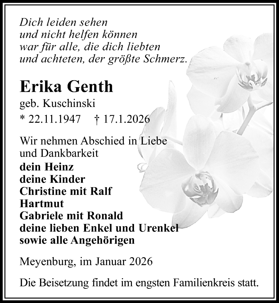 Traueranzeige für Erika Genth vom 24.01.2026 aus Wochenspiegel
