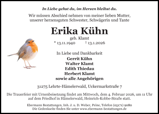 Traueranzeige von Erika Kühn von Peiner Allgemeine Zeitung