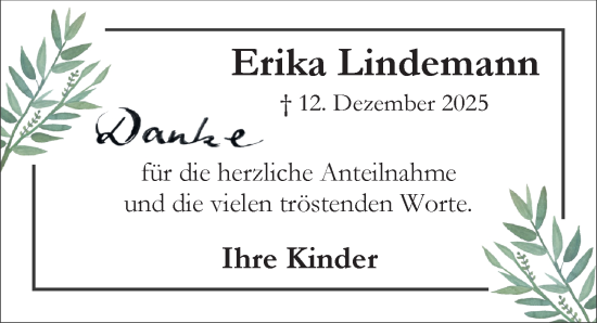 Traueranzeige von Erika Lindemann von Peiner Allgemeine Zeitung