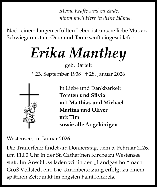Traueranzeige von Erika Manthey von Kieler Nachrichten