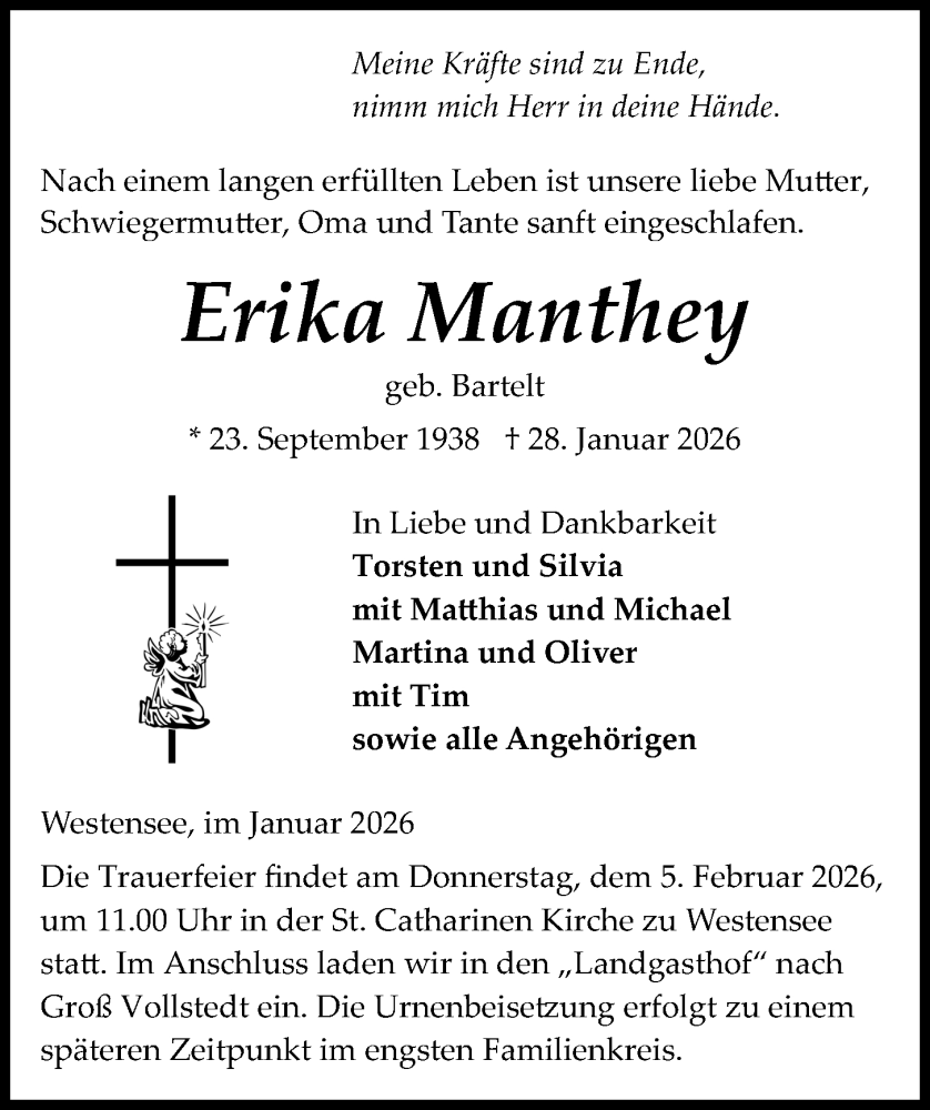  Traueranzeige für Erika Manthey vom 31.01.2026 aus Kieler Nachrichten