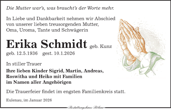 Traueranzeige von Erika Schmidt von Torgauer Zeitung