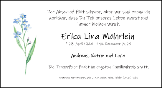 Traueranzeige von Erika Lina Mährlein von Peiner Allgemeine Zeitung