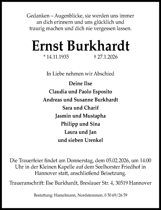 Traueranzeige von Ernst Burkhardt von Hannoversche Allgemeine Zeitung/Neue Presse