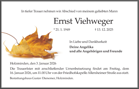 Traueranzeige von Ernst Viehweger von Täglicher Anzeiger Holzminden