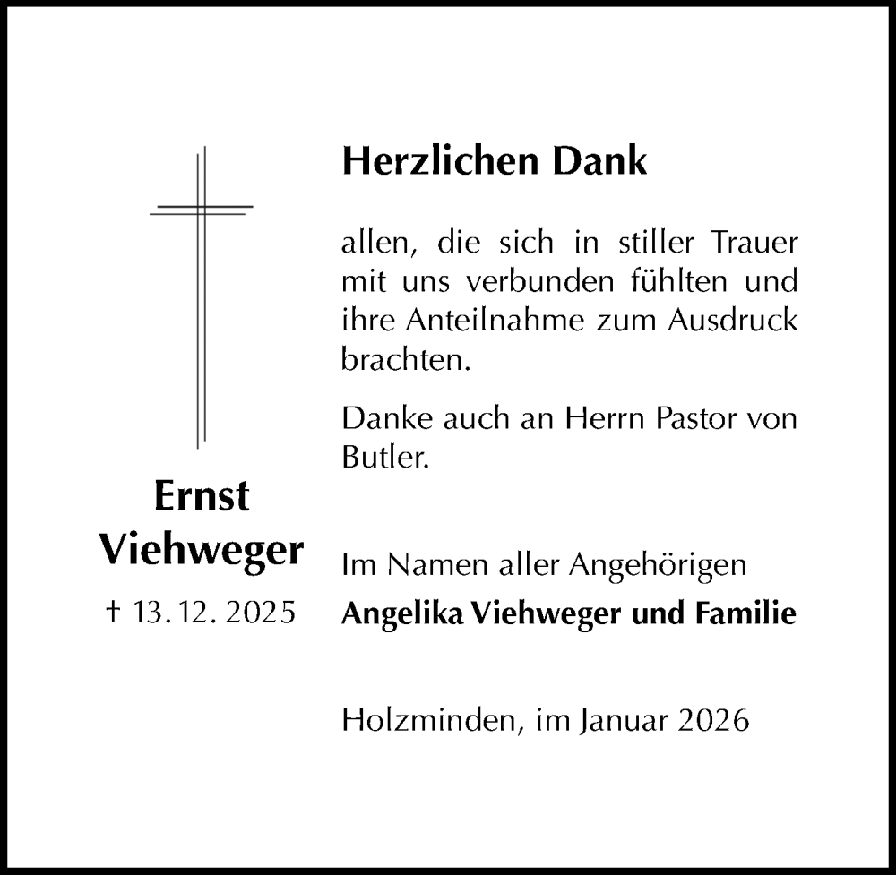  Traueranzeige für Ernst Viehweger vom 31.01.2026 aus Täglicher Anzeiger Holzminden