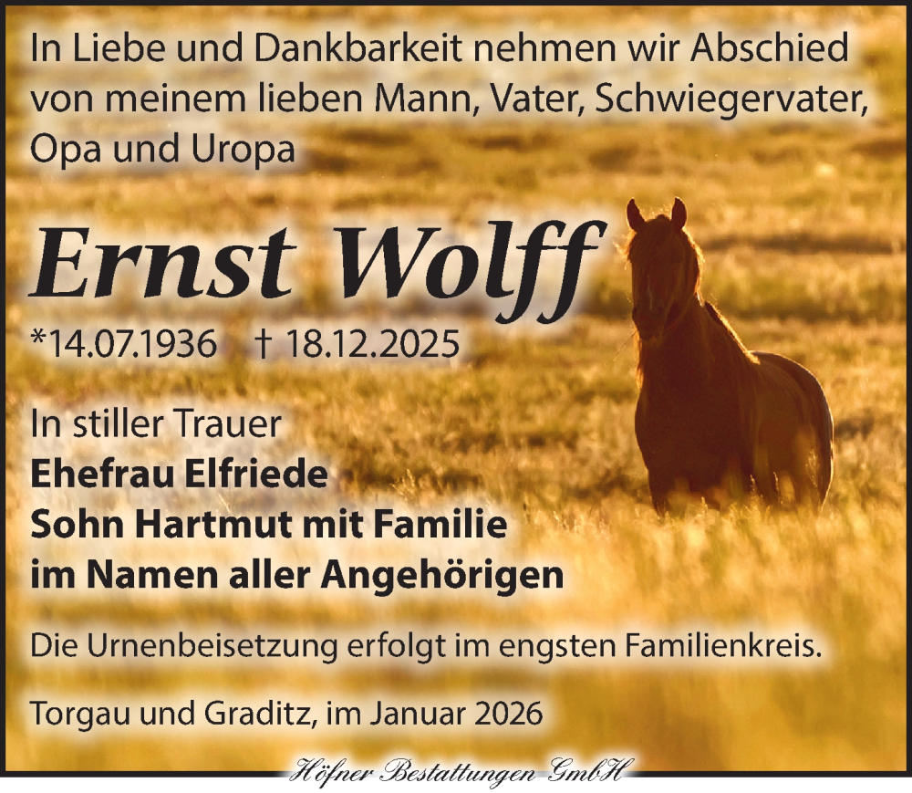  Traueranzeige für Ernst Wolff vom 10.01.2026 aus Torgauer Zeitung