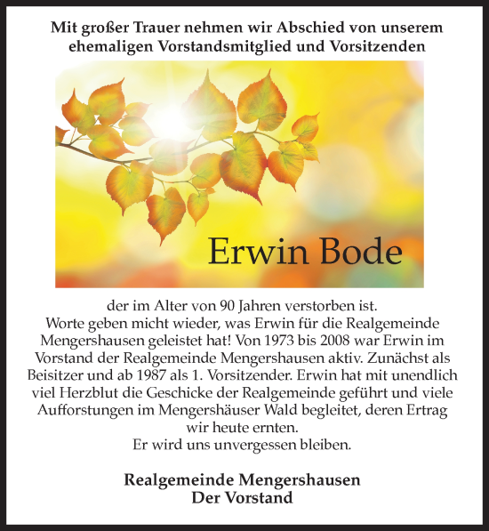 Traueranzeige von Erwin Bode von Göttinger Tageblatt