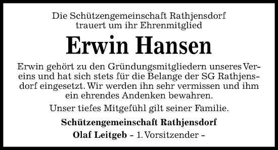 Traueranzeige von Erwin Hansen von Kieler Nachrichten