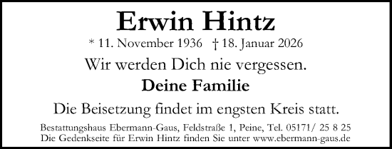 Traueranzeige von Erwin Hintz von Peiner Allgemeine Zeitung
