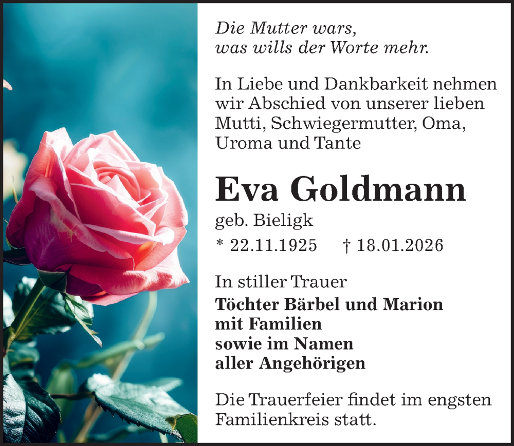 Traueranzeige für Eva Goldmann vom 31.01.2026 aus Sächsische Zeitung