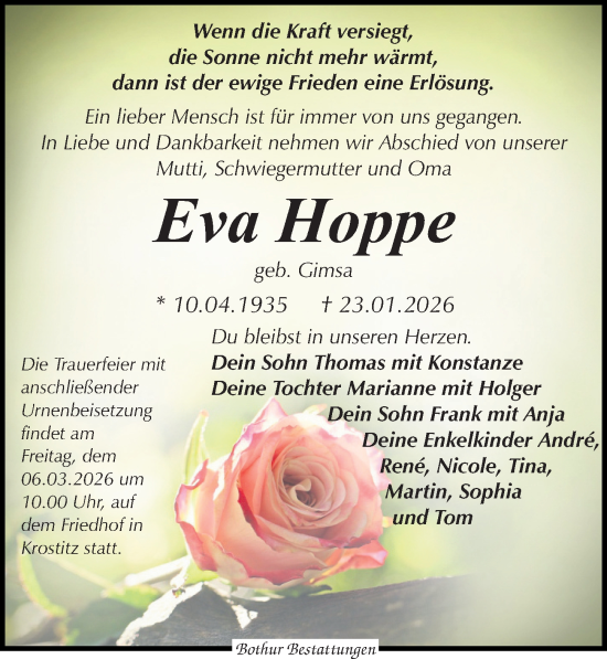 Traueranzeige von Eva Hoppe von Leipziger Volkszeitung