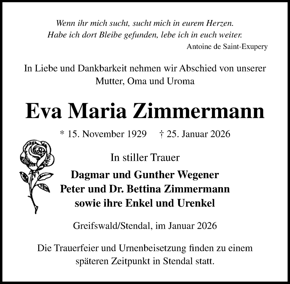  Traueranzeige für Eva Maria Zimmermann vom 31.01.2026 aus Ostsee-Zeitung GmbH