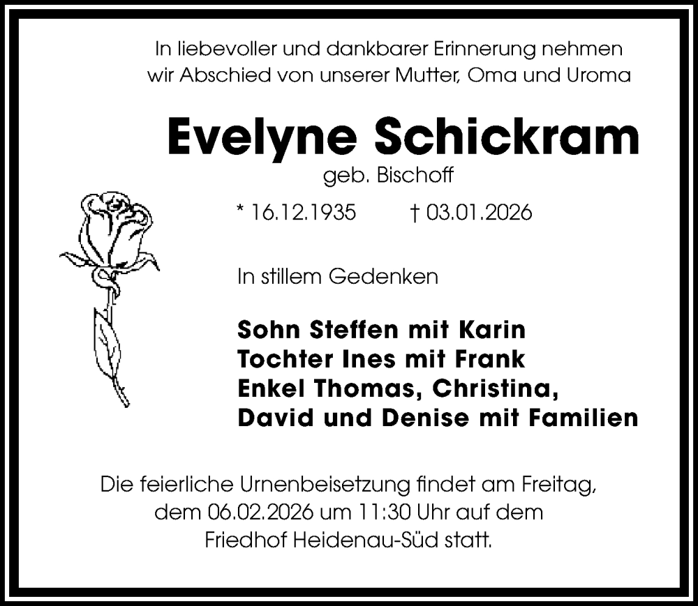  Traueranzeige für Evelyne Schickram vom 31.01.2026 aus Sächsische Zeitung