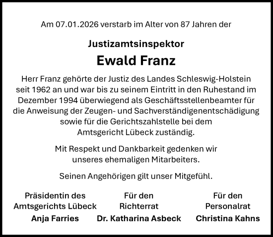 Traueranzeige von Ewald Franz von Lübecker Nachrichten