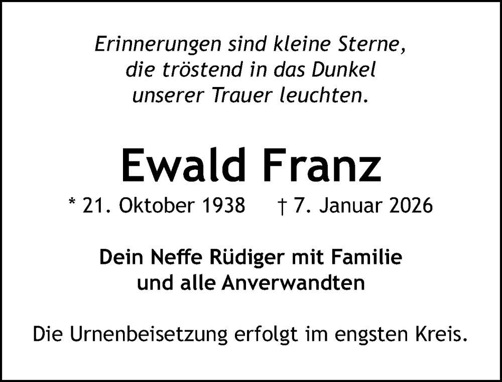  Traueranzeige für Ewald Franz vom 18.01.2026 aus Lübecker Nachrichten