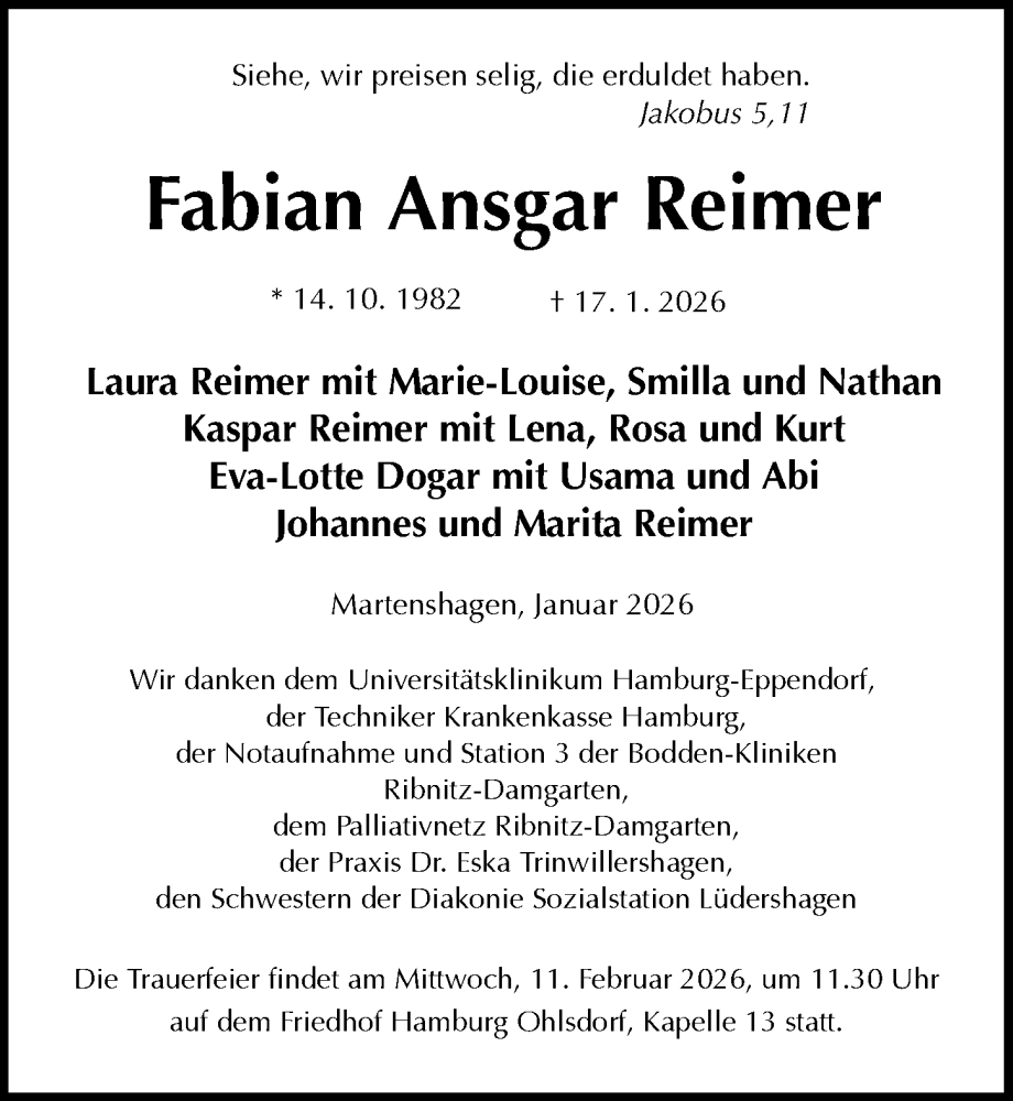  Traueranzeige für Fabian Ansgar Reimer vom 31.01.2026 aus Ostsee-Zeitung GmbH