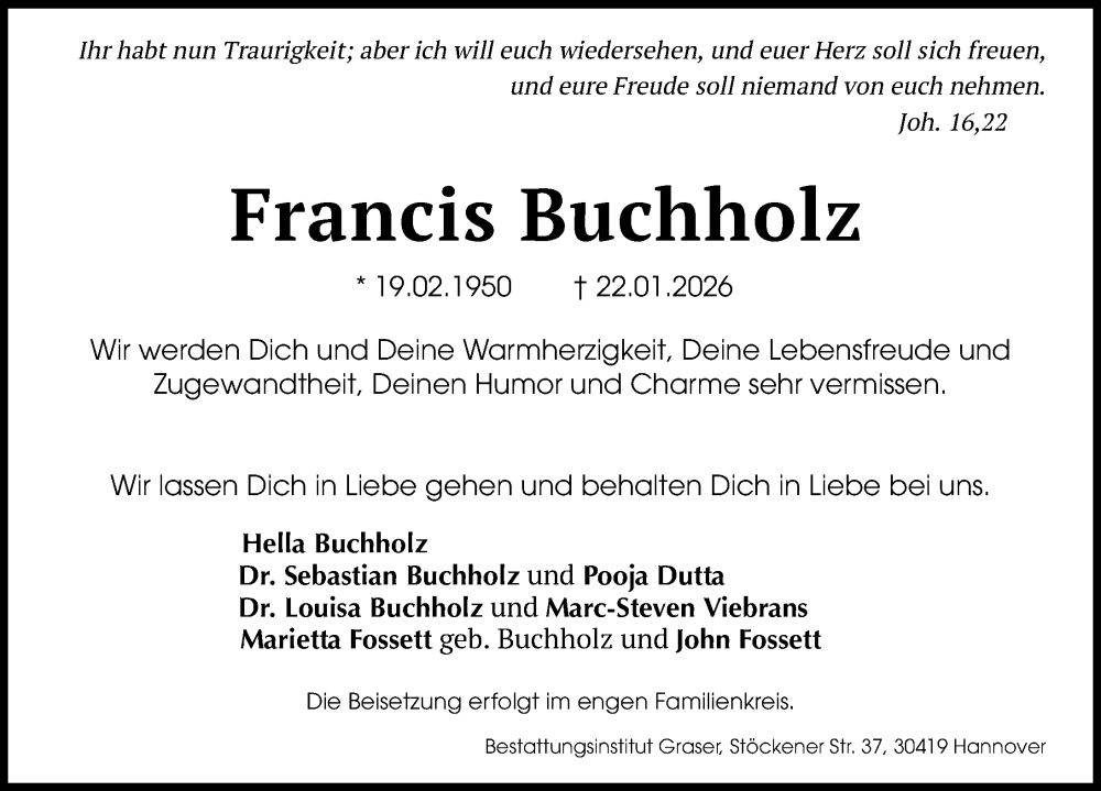  Traueranzeige für Francis Buchholz vom 31.01.2026 aus Hannoversche Allgemeine Zeitung/Neue Presse