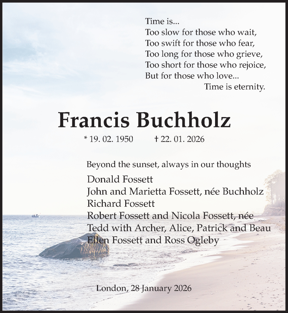  Traueranzeige für Francis Buchholz vom 31.01.2026 aus Hannoversche Allgemeine Zeitung/Neue Presse