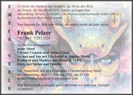 Traueranzeige von Frank Pelzer von Wochenspiegel