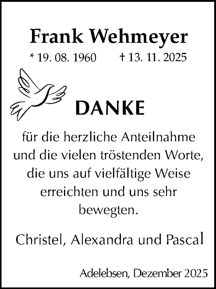  Traueranzeige für Frank Wehmeyer vom 03.01.2026 aus Göttinger Tageblatt