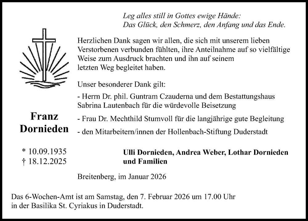  Traueranzeige für Franz Dornieden vom 17.01.2026 aus Eichsfelder Tageblatt