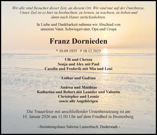 Traueranzeige von Franz Dornieden von Eichsfelder Tageblatt