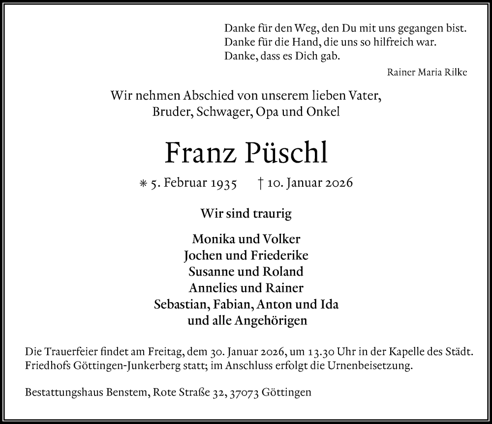  Traueranzeige für Franz Püschl vom 24.01.2026 aus Göttinger Tageblatt
