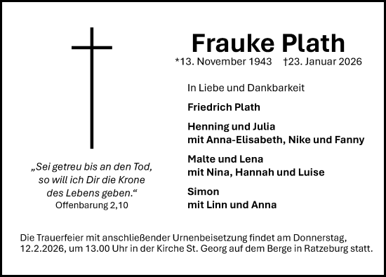 Traueranzeige von Frauke Plath von Lübecker Nachrichten