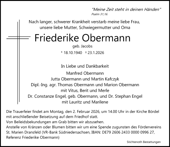 Traueranzeige von Friederike Obermann von Göttinger Tageblatt