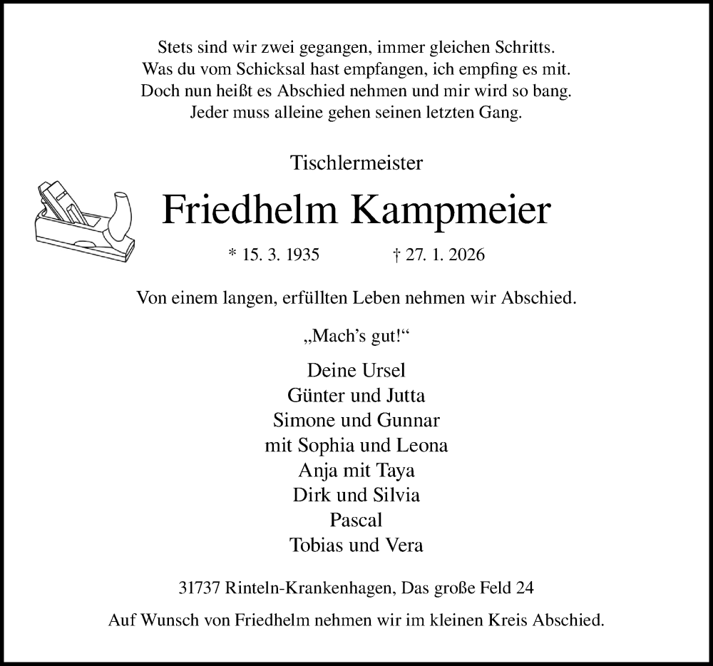  Traueranzeige für Friedhelm Kampmeier vom 31.01.2026 aus Schaumburger Nachrichten und Schaumburger Zeitung/ Landes-Zeitung