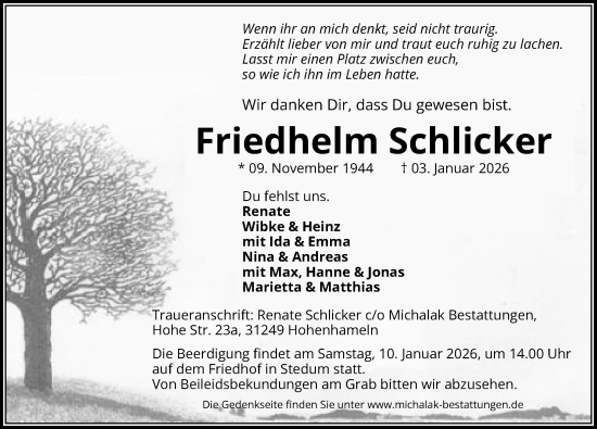 Traueranzeige von Friedhelm Schlicker von Peiner Allgemeine Zeitung