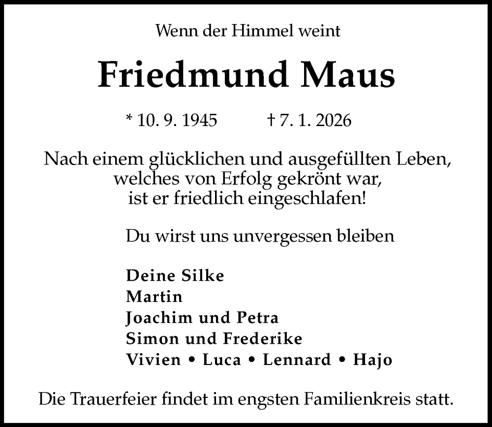  Traueranzeige für Friedmund Maus vom 17.01.2026 aus Kieler Nachrichten