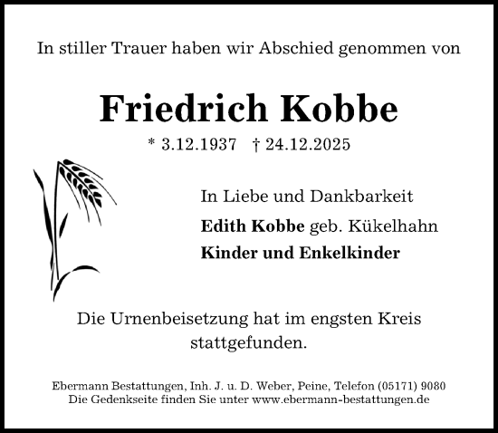 Traueranzeige von Friedrich Kobbe von Peiner Allgemeine Zeitung