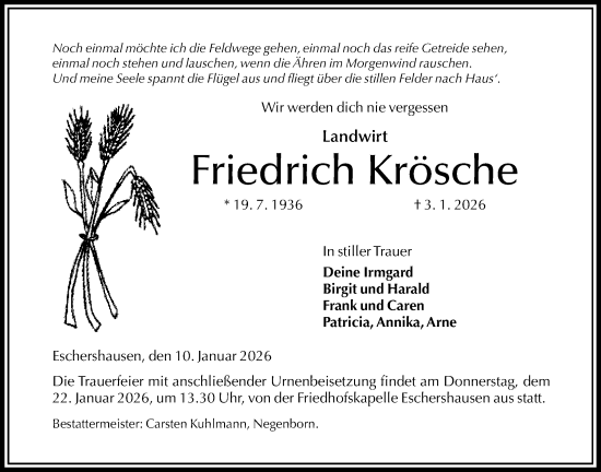 Traueranzeige von Friedrich Krösche von Täglicher Anzeiger Holzminden