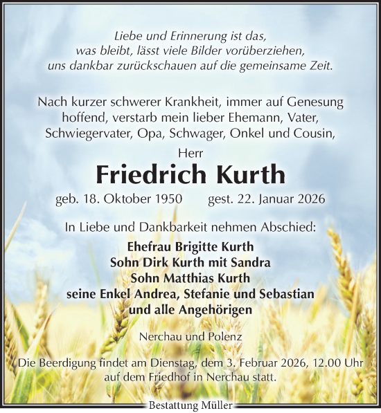 Traueranzeige von Friedrich Kurth von Leipziger Volkszeitung