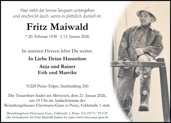 Traueranzeige von Fritz Maiwald von Peiner Allgemeine Zeitung