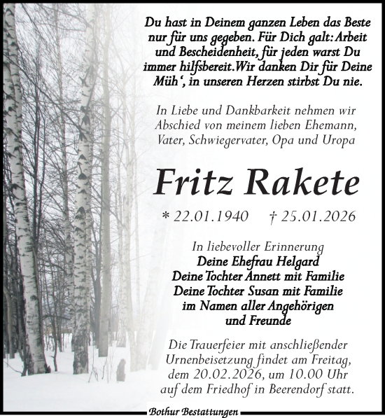 Traueranzeige von Fritz Rakete von Leipziger Volkszeitung