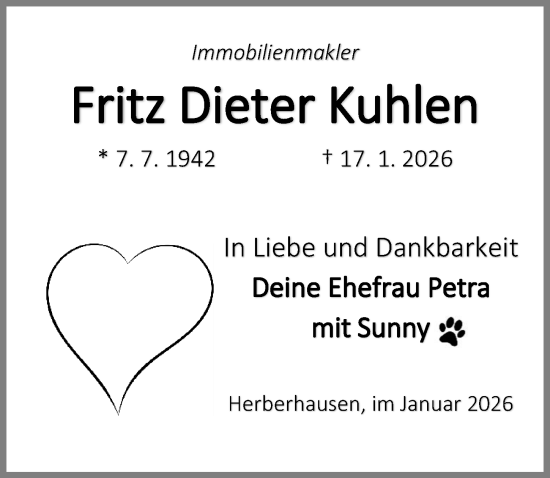 Traueranzeige von Fritz Dieter Kuhlen von Göttinger Tageblatt