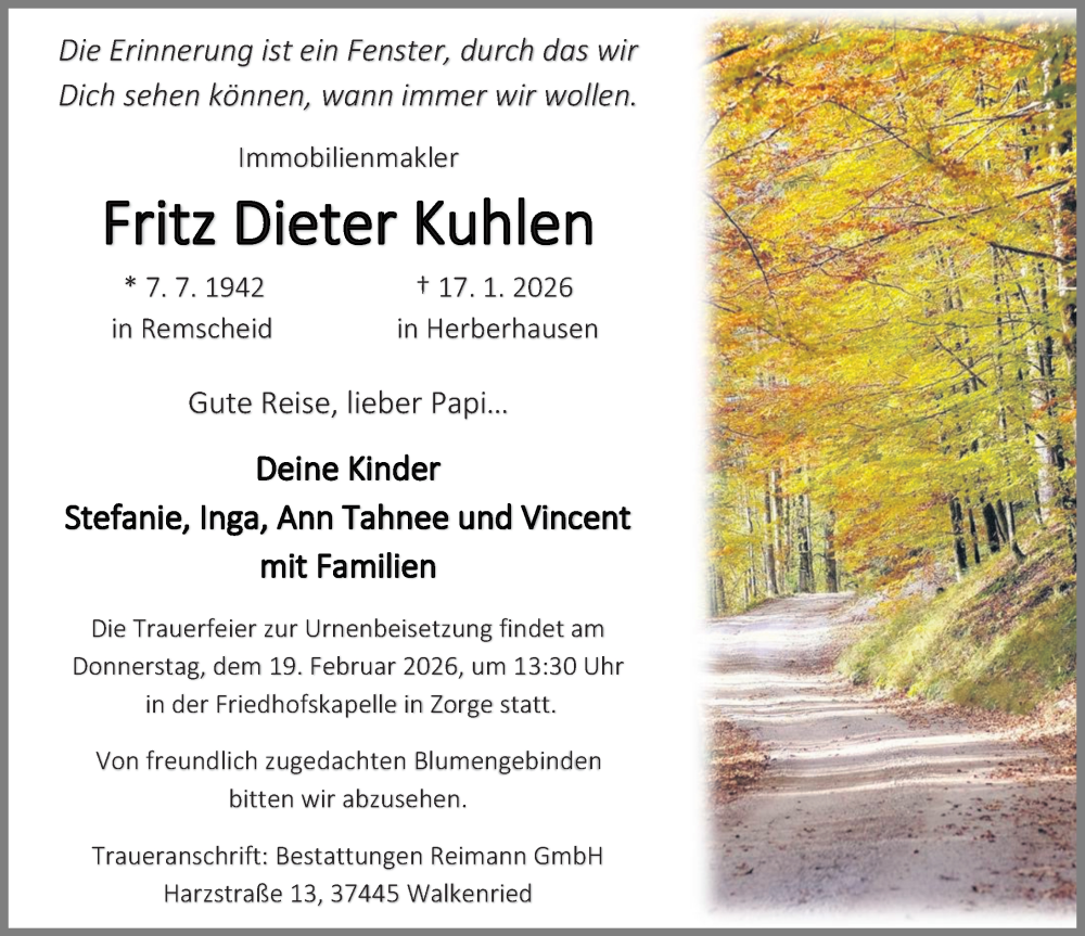  Traueranzeige für Fritz Dieter Kuhlen vom 24.01.2026 aus Göttinger Tageblatt