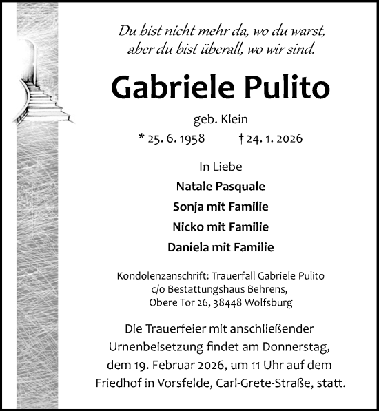 Traueranzeige von Gabriele Pulito von Aller Zeitung