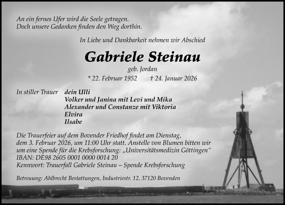  Traueranzeige für Gabriele Steinau vom 31.01.2026 aus Göttinger Tageblatt