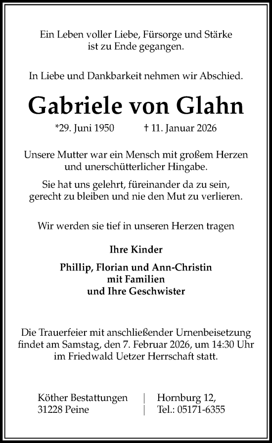 Traueranzeige von Gabriele von Glahn von Peiner Allgemeine Zeitung