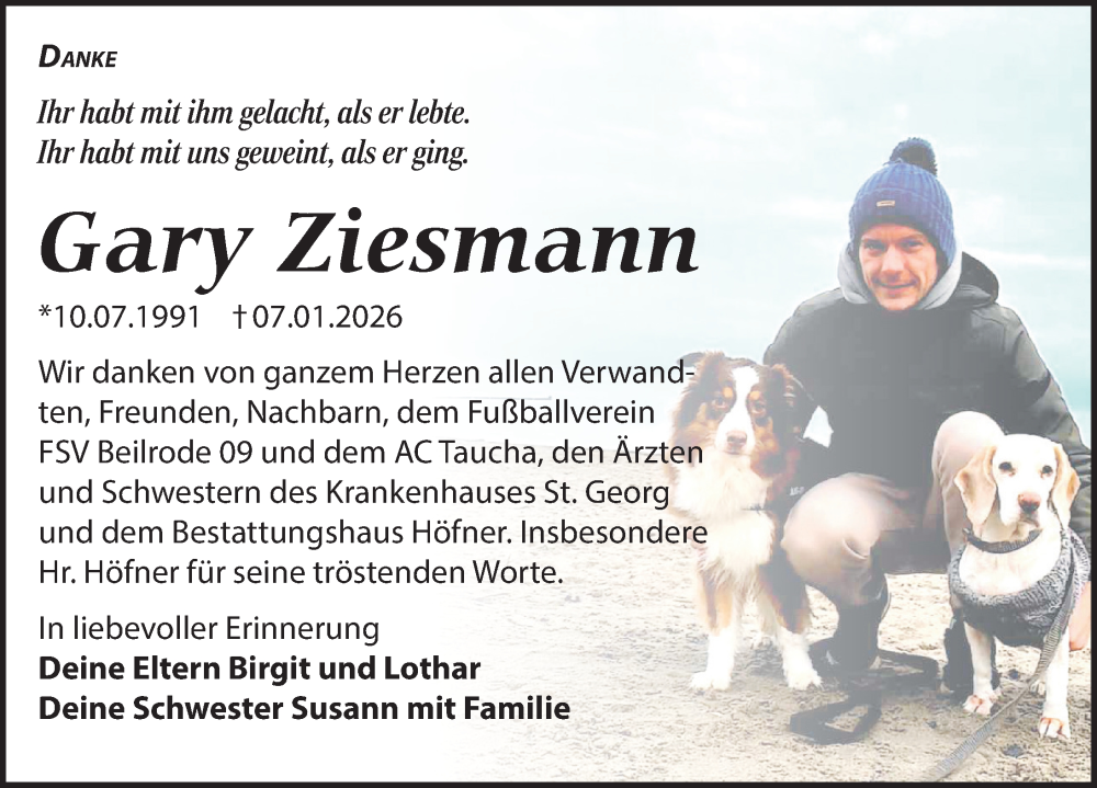  Traueranzeige für Gary Ziesmann vom 24.01.2026 aus Torgauer Zeitung