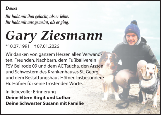 Traueranzeige von Gary Ziesmann von Torgauer Zeitung