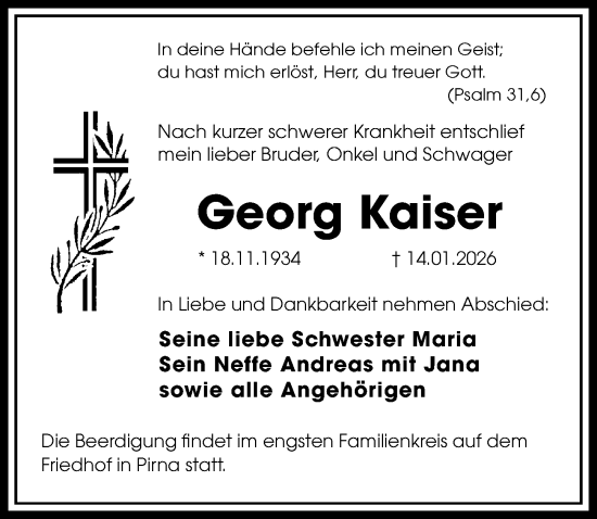 Traueranzeige von Georg Kaiser von Sächsische Zeitung