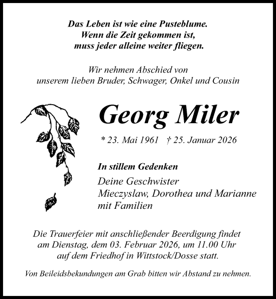 Traueranzeige von Georg Miler von Wochenspiegel
