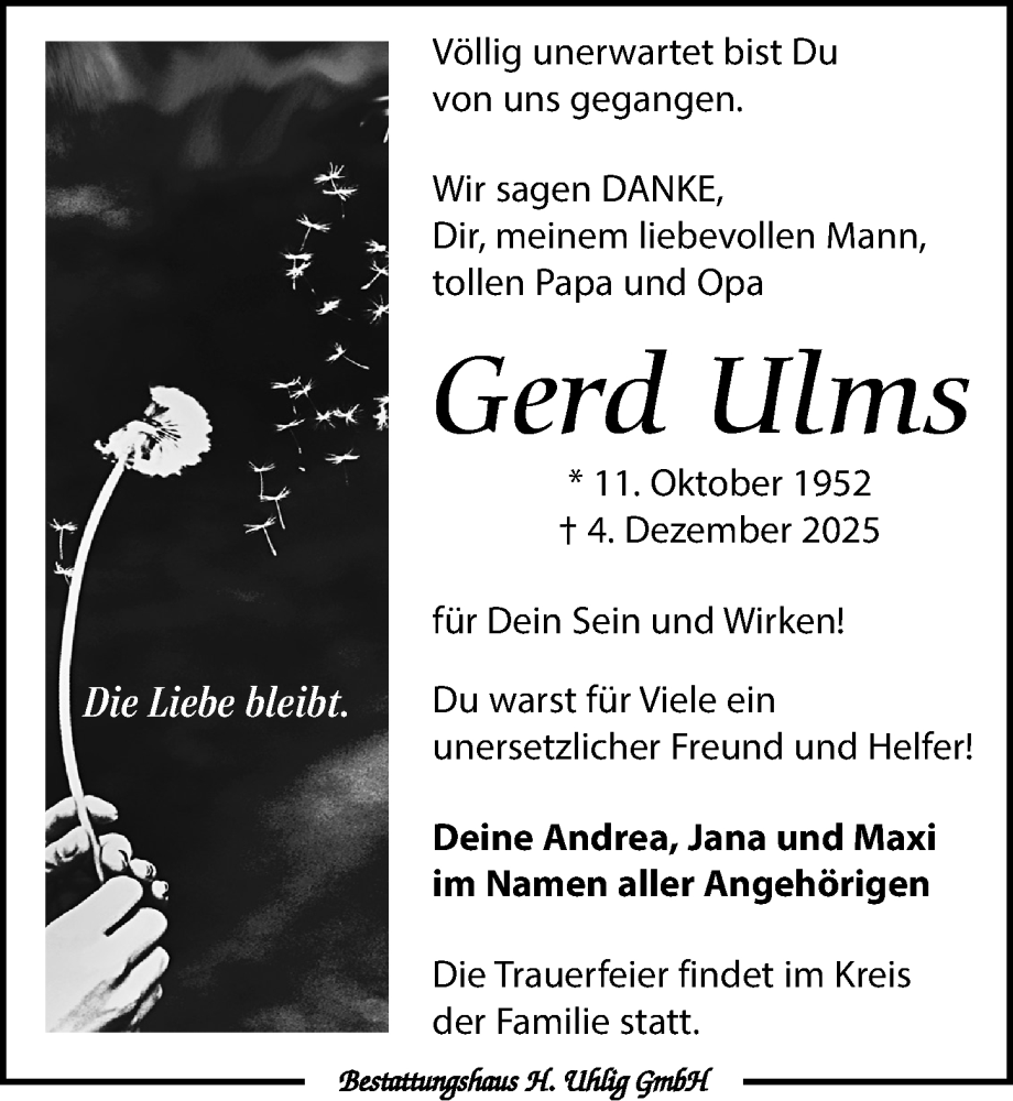  Traueranzeige für Gerd Ulms vom 10.01.2026 aus Leipziger Volkszeitung