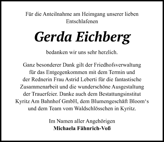 Traueranzeige von Gerda Eichberg von Wochenspiegel